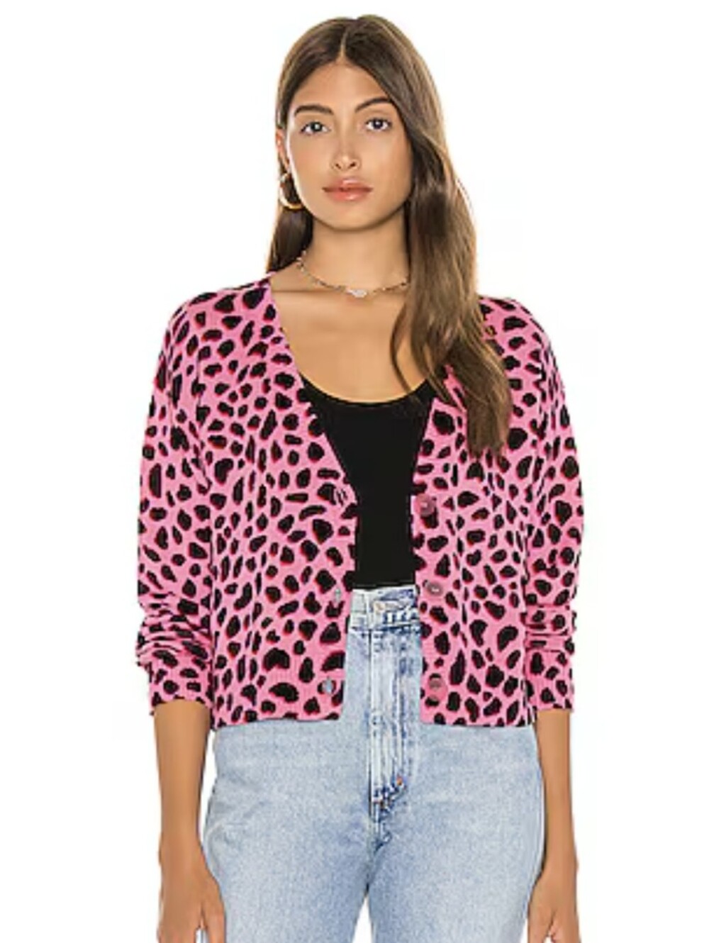 525 America Pink Leopard Print Cropped V-Neck Cardigan Small